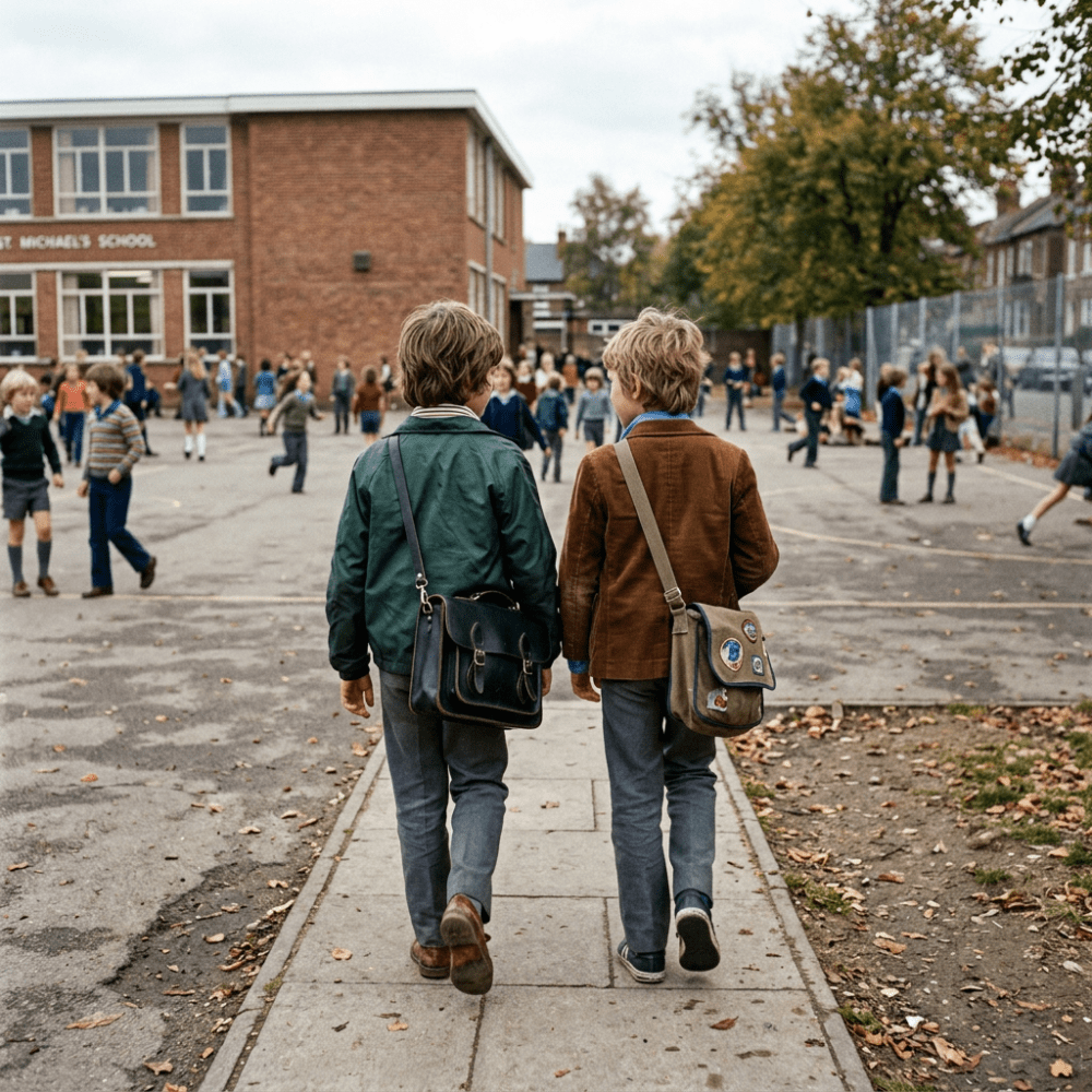 Two boys walking with satchels on a school path during recess with other children playing
